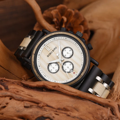 BOBO BIRD Wooden Watch Men Top Brand Luxury Stylish Chronograph Military Watches Wooden Box Logo Custom Great Reloj Hombre