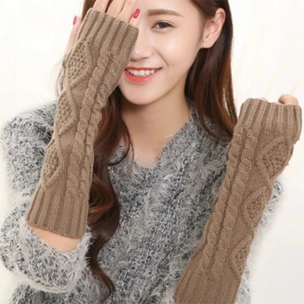 1 Pair Autumn Winter Women Knit Gloves Arm Wrist Sleeve Hand Warmer Girls Rhombus Long Half Winter Mittens Fingerless Gloves