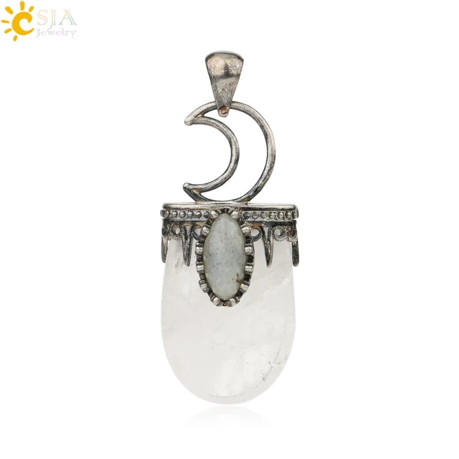 CSJA Natural Stone Crystal Pendants Necklace Antique Silver Color Purple Pink Quartz Necklace Jewelry Crown Moon Charm G274