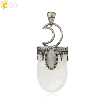 CSJA Natural Stone Crystal Pendants Necklace Antique Silver Color Purple Pink Quartz Necklace Jewelry Crown Moon Charm G274