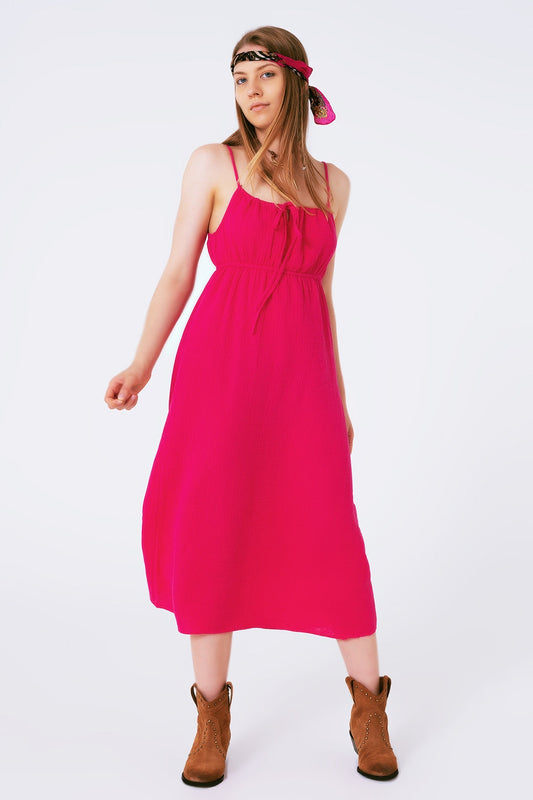 Maxi Fuchsia Summer Dress With Straps and Gathered Waist