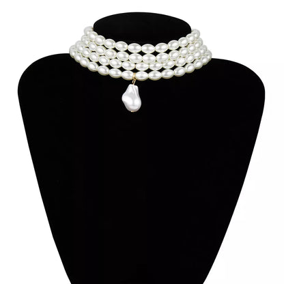 Ingemark Fashion Multilayer White Imitation-Pearl Choker With Metal Slice Fixation Wide Bib Necklace Jewelry for Charm Women