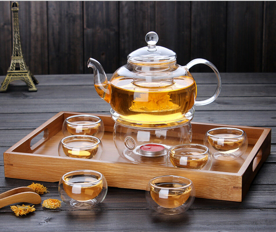 Tea Set High Borosilicate Glass Tea Pot Set Infuser Coffee Tea Leaf Herbal 6 Cups Warmer Teapot Kitchen Accessories Home