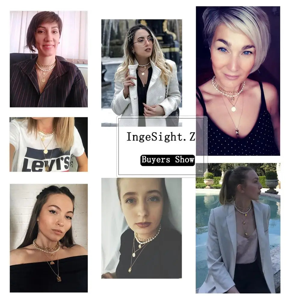 IngeSight.Z Punk Multi Layered Imitation Pearl Choker Necklace Collar Virgin Mary Coin Crystal Pendant Neck Women Jewelry