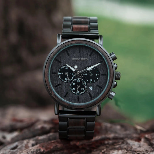 BOBO BIRD Luxury Wood Stainless Steel Men Watch Stylish Wooden Timepieces Chronograph Quartz Watches Relogio Masculino Man
