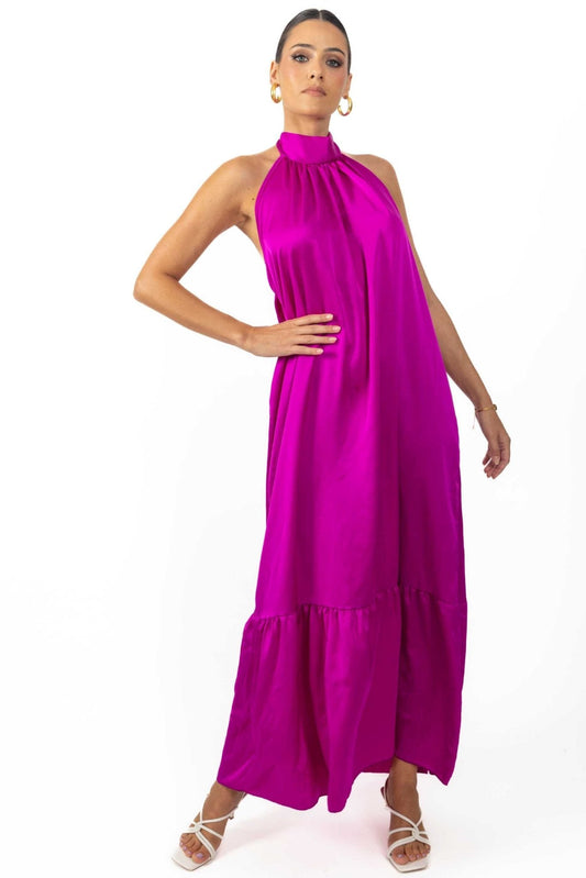 Nalory Satin Silk Backless Maxi Dress in Magenta
