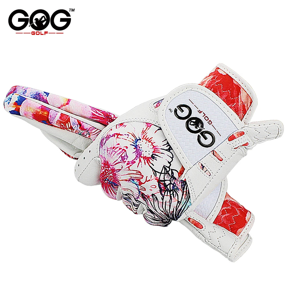 GOG Golf Glove Women, Sheepskin Leather Printed Pattern Color , Soft Fit Good Grip ,Ladies Left Right Both Hand (1 Pair) Gloves