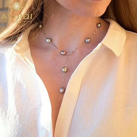 ASHIQI Real Pure 925 Sterling Silver Chain Pendant Necklace for Women 8-9mm White Gray Natural Freshwater Baroque Pearl Jewelry