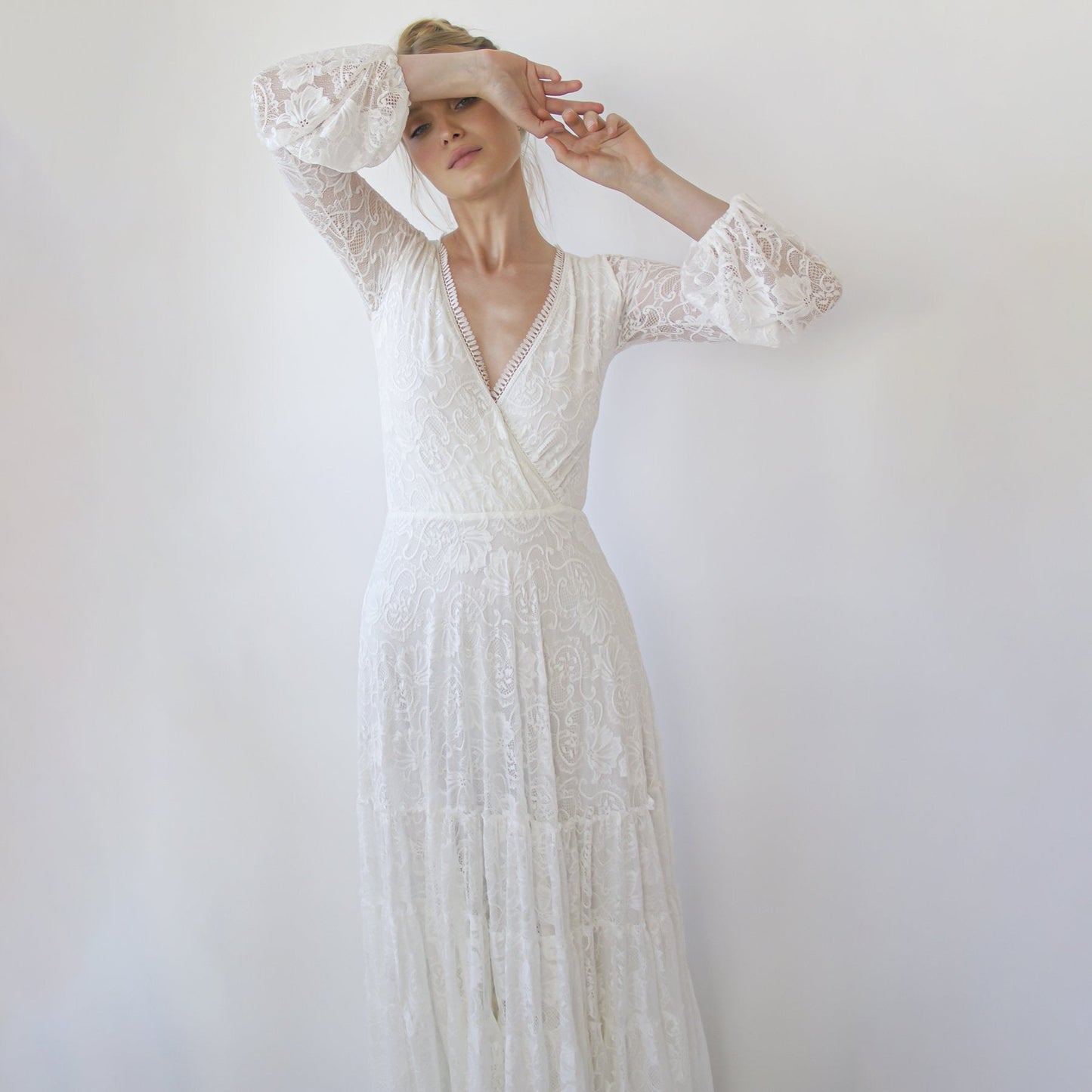 Bestseller Gipsy Layered Boho Lace Wedding Dress, Puffy Bracelet Sleeves #1365