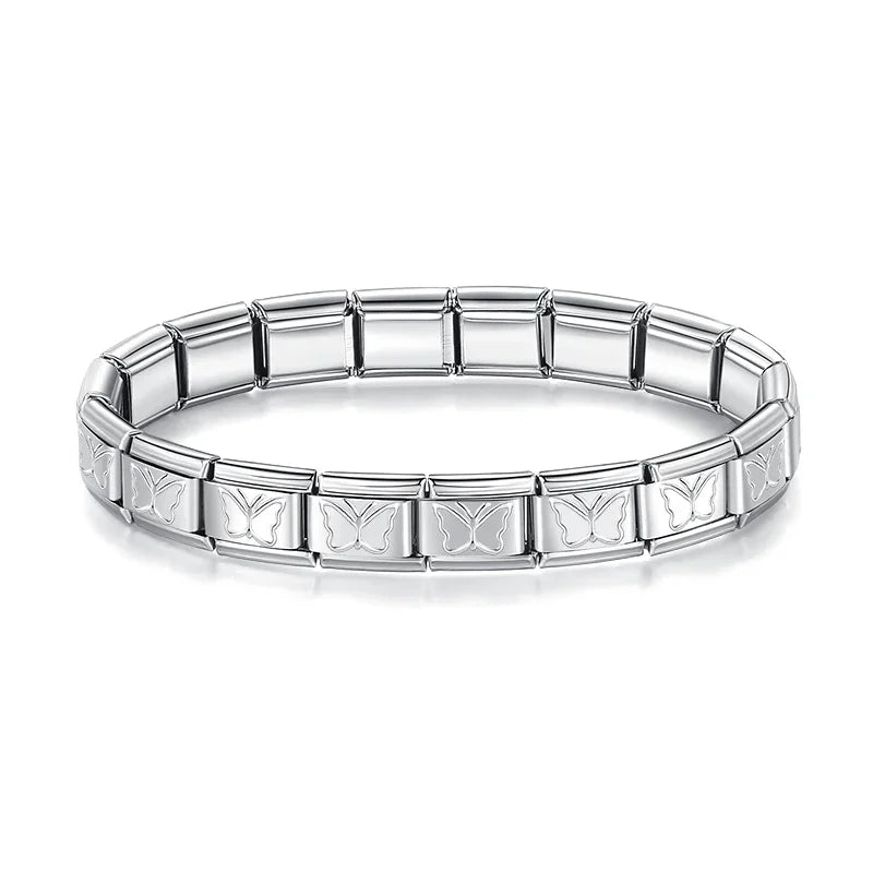 Hapiship Women Man Fashion Style Jewelry Heart Flower Butterfly Cross Dolphins Stainless Steel Elastic Bracelet Bangle ST00