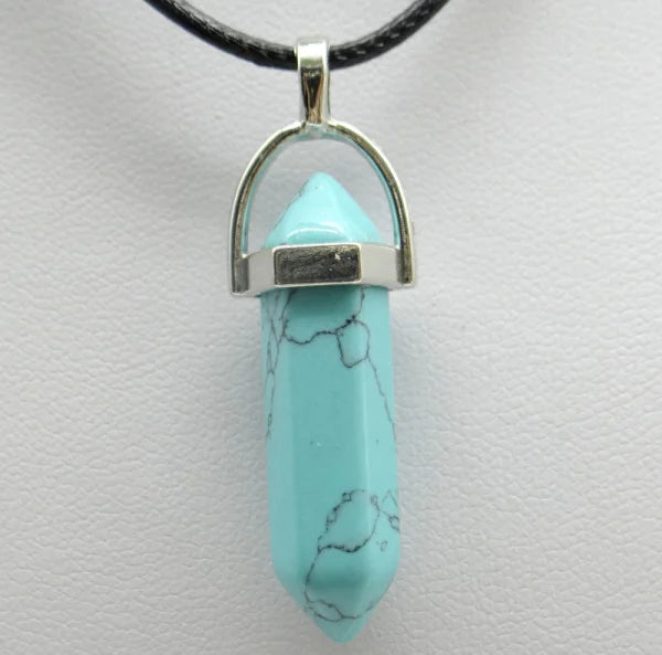 1PCS Natural Stone Quartz Crystal Opal Agates Hexagonal Column Pendulum Pendant Leather Chains Necklace Fashion Charms Pendant