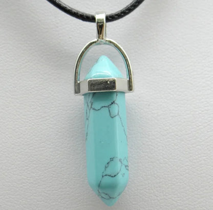 1PCS Natural Stone Quartz Crystal Opal Agates Hexagonal Column Pendulum Pendant Leather Chains Necklace Fashion Charms Pendant