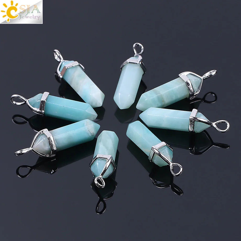 CSJA Hexagonal Column Necklaces Natural Stone Amazonite Pendant Two Sharp Angle Quartz Beads for Women Men Jewelry F185