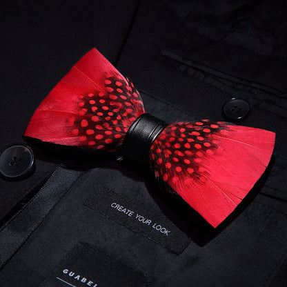 KAMBERFT Designer Brand Handmade Feather and Leather Pre-Tied Bow Tie and Brooch Sets for Men Wedding Party Best Cravate