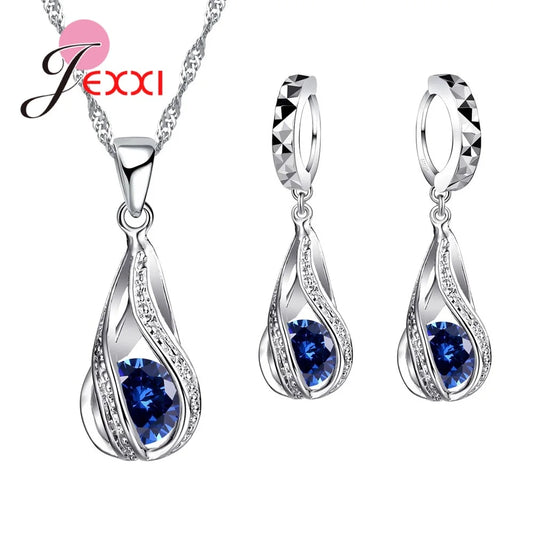 8 Colors Best for Women Girls Friends 925 Sterling Silver Jewelry Set CZ Cubic Zircon Water Drop Necklace Dangle Earrings