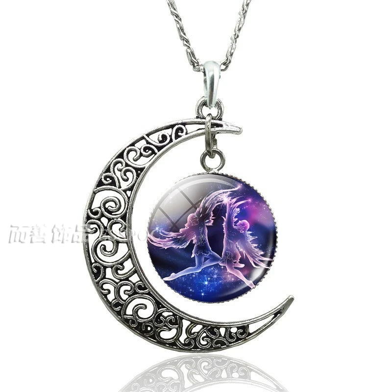12 Constellation Crescent Moon Necklace Zodiac Sign Glass Jewelry Pendant Aries Gemini Cancer Leo Women Birthday