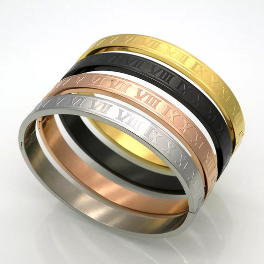 Men and Women Stainless Steel Rose Gold Color Couples Bracelet Carving Roman Numeral Lover Cuff Bracelet Bangle Wedding Jewelry