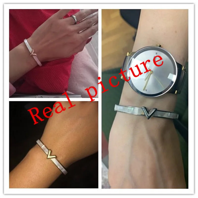 Luxury Brand Natural Shell v Shape Bracelet & Bangle for Women Men Charm Hollow Letter Bangle Love Silver-Color Pulseiras K088-1