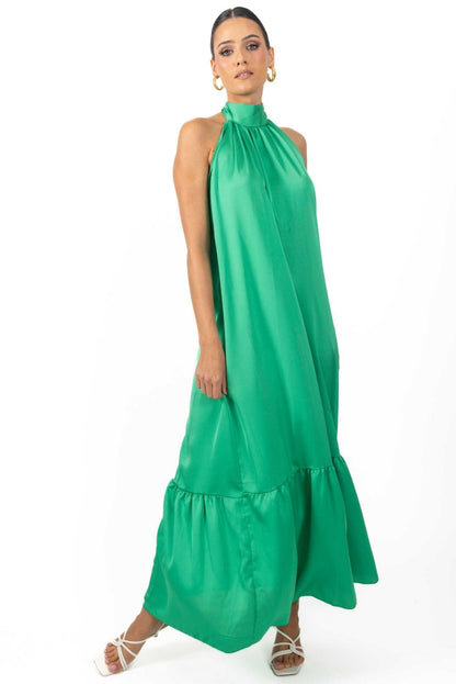 Nalory Satin Silk Backless Maxi Dress in Green