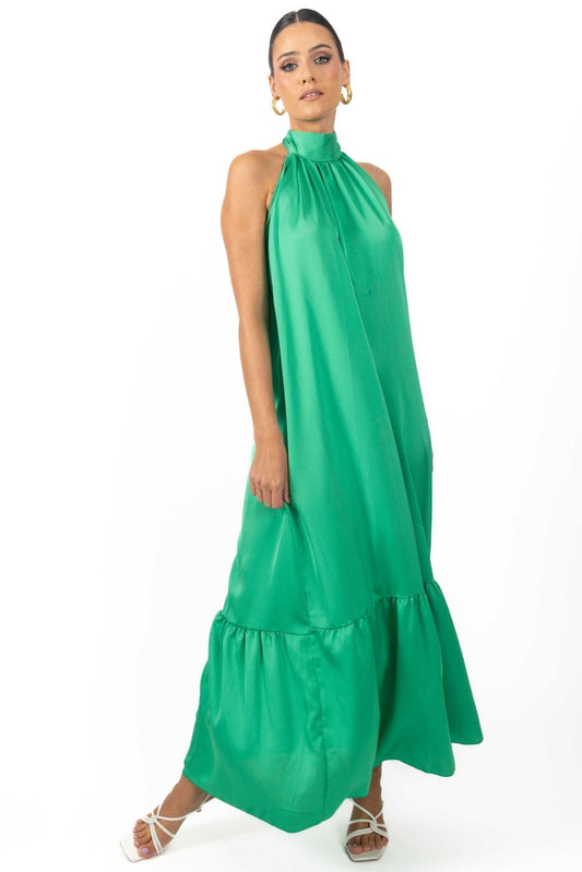 Nalory Satin Silk Backless Maxi Dress in Green
