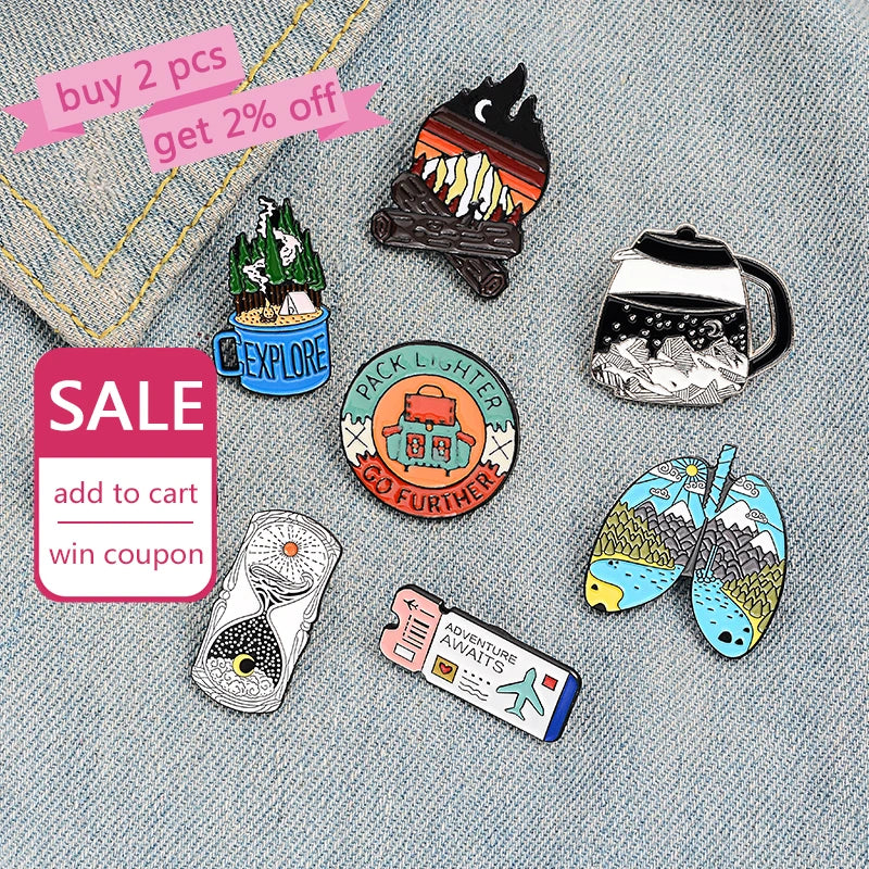 Outdoors Mountain Starry Night Enamel Pin Custom Wild Camping Hiking Brooches Bag Clothes Lapel Pin Adventure Badge Jewelry
