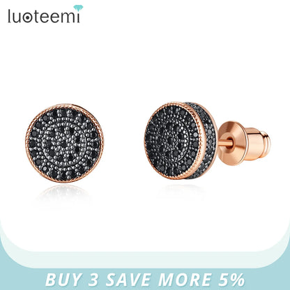 LUOTEEMI Elegant Small Hip Hop Round Stud Earrings for Women Korean Style AAA Black/White Cubic Zircon Fashion Jewelry for Men