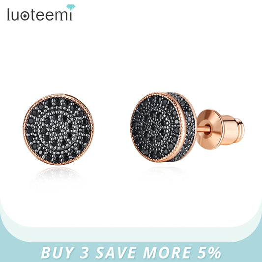 LUOTEEMI Elegant Small Hip Hop Round Stud Earrings for Women Korean Style AAA Black/White Cubic Zircon Fashion Jewelry for Men
