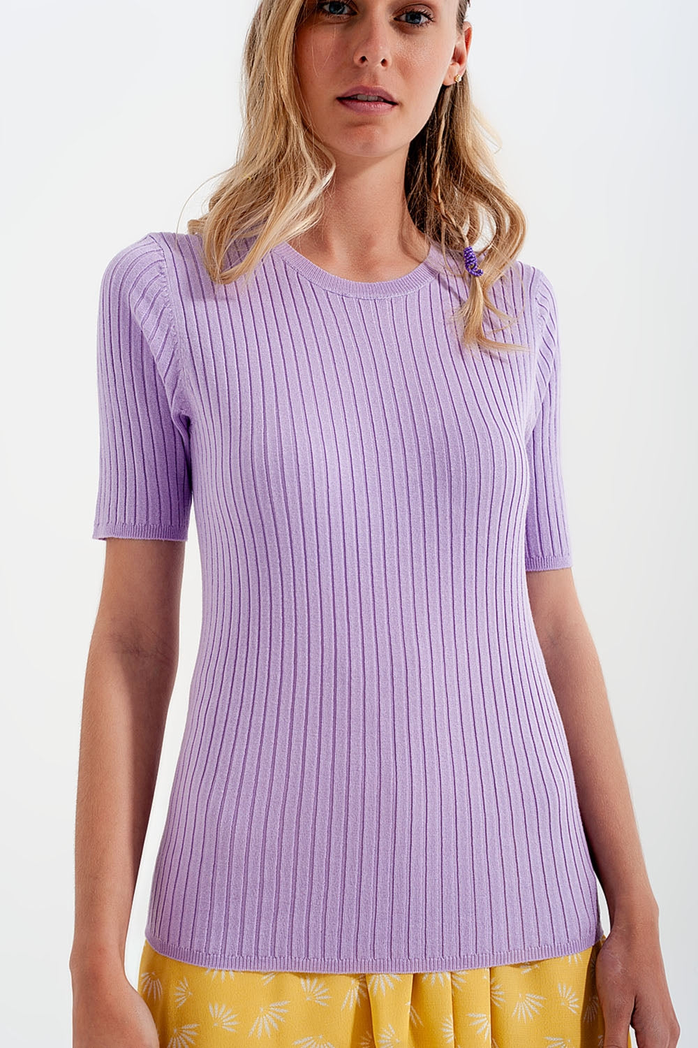 Ribbed Knit Short Sleeve Top in Lilac