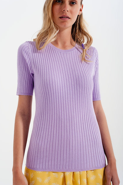 Ribbed Knit Short Sleeve Top in Lilac