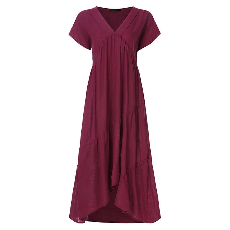 Bohemian Summer Womens Sundress ZANZEA Fashion v Neck Midi Vestidos Female Solid Ruffle Dresses Asymmetrical Robe