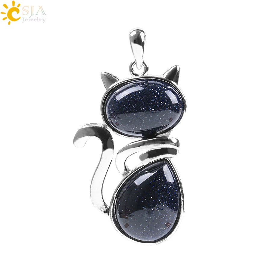 CSJA Chakra Natural Stone Pendant Cute Cat Pendants Suspension for Girl Green Aventurine Pink Crystal Cat Wisiorek Jewelry F072