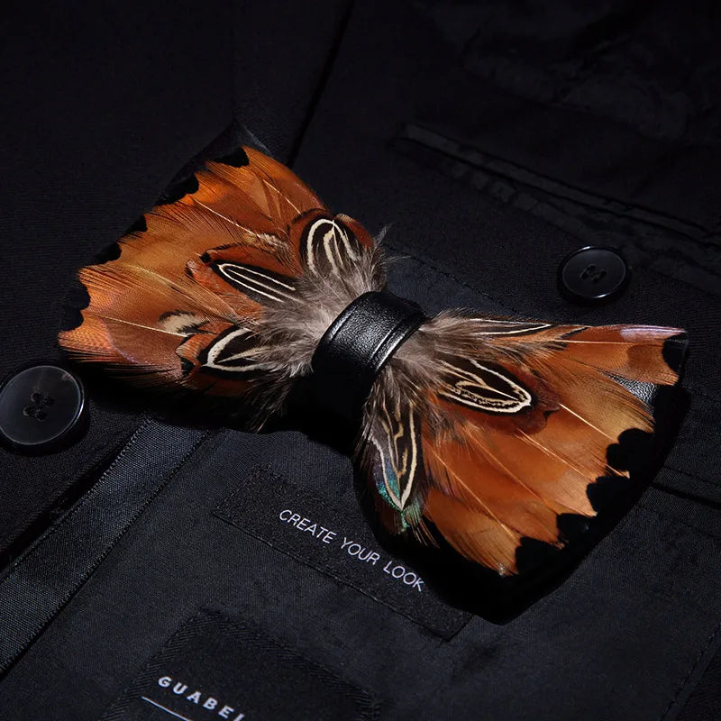 KAMBERFT Designer Brand Handmade Feather and Leather Pre-Tied Bow Tie and Brooch Sets for Men Wedding Party Best Cravate
