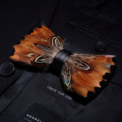 KAMBERFT Designer Brand Handmade Feather and Leather Pre-Tied Bow Tie and Brooch Sets for Men Wedding Party Best Cravate
