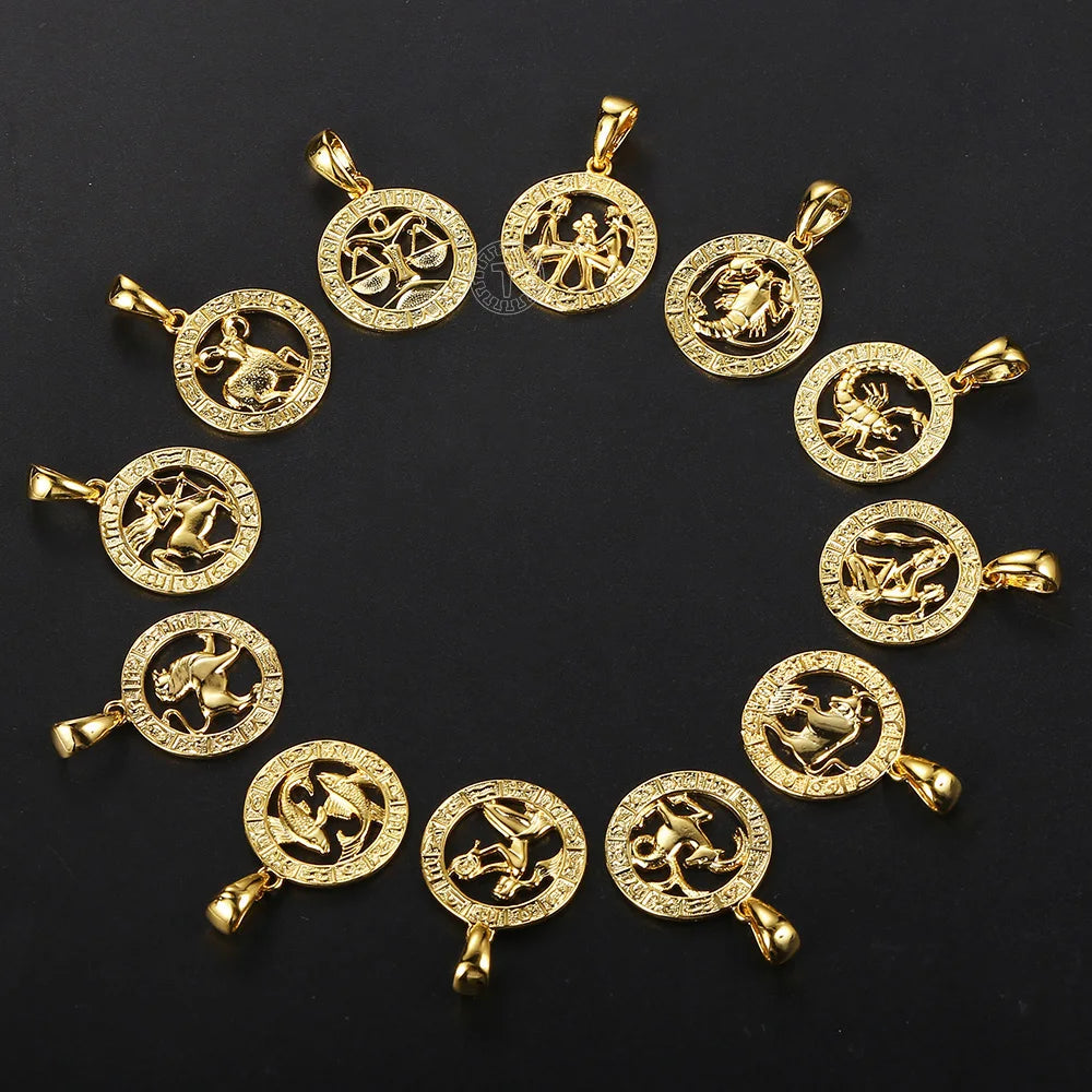 Davieslee Pendant Necklace for Women 12 Zodiac Sign Constellation Yellow Rose Gold Color Womens Necklaces Round Shaped LGPM16