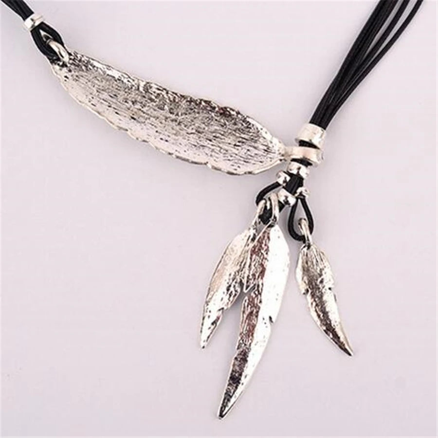 Collier Femme Feather Necklaces & Pendants Rope Leather Vintage Maxi Colar for Statement Necklace Women Fashion Jewelry Bijoux