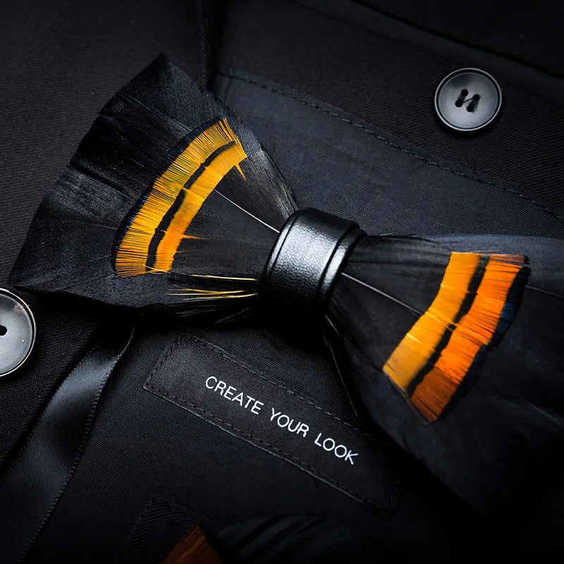 KAMBERFT Designer Brand Handmade Feather and Leather Pre-Tied Bow Tie and Brooch Sets for Men Wedding Party Best Cravate