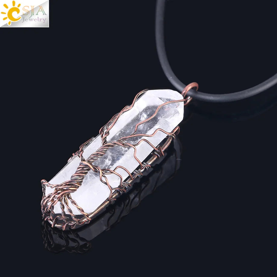 CSJA Natural Crystal Pillar Big Pendants Antique Copper Wire Wrapped Tree of Life Quartz Pendant for Necklace PPC Chain F554