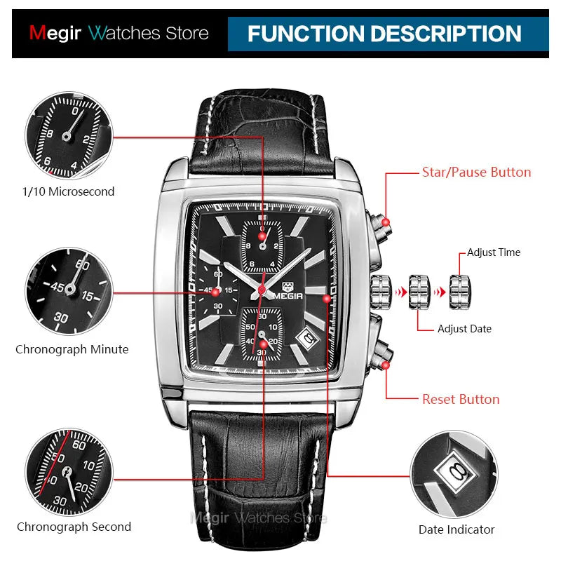 MEGIR New Casual Brand Watches Men Hot Fashion Sport Wristwatch Man Chronograph Leather Watch for Male Luminous Calendar Hour