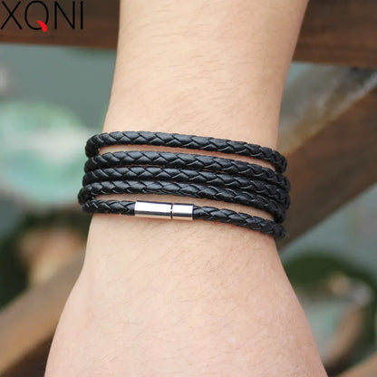 XQNI Brand Black Retro Wrap Long Leather Bracelet Men Bangles Fashion Sproty Chain Link Male Charm Bracelet With 5 Laps