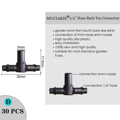 MUCIAKIE Sprinkler Irrigation 1/4 Inch Barb Tee Single Double Barb Barbed Water Pipe Connectors for 4/7mm Hose Garden Fitting