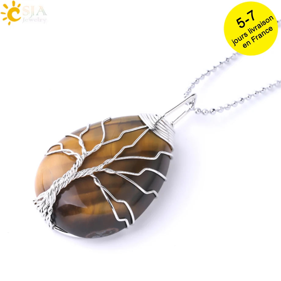 Tiger Eye Tree of Life Crystal Necklace Natural Stone Pendant Wire Wrap Rose Crystals Pink Quartz Amethyst Green Aventurine E585