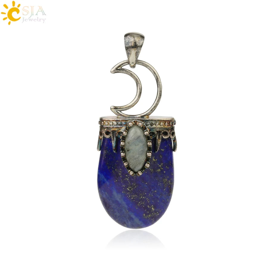 CSJA Natural Stone Crystal Pendants Necklace Antique Silver Color Purple Pink Quartz Necklace Jewelry Crown Moon Charm G274