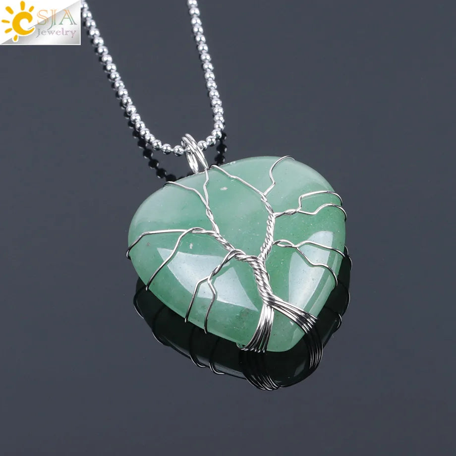 CSJA Tree of Life Wire Wrapped Love Heart Necklace & Pendant Suspension Natural Gem Stone Tiger Eye Pink Quartz Black Onyx F053