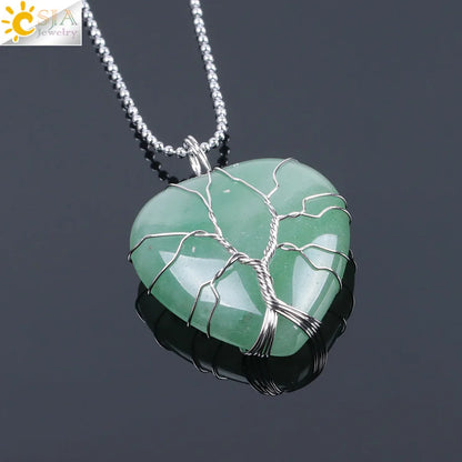 CSJA Tree of Life Wire Wrapped Love Heart Necklace & Pendant Suspension Natural Gem Stone Tiger Eye Pink Quartz Black Onyx F053