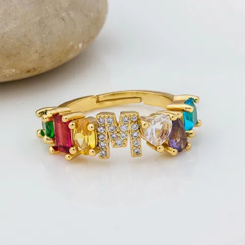 Adjustable A-Z Initial Ring Bohemian Copper Zircon  Rainbow Letter Rings for Women Girls Party Wedding Jewelry
