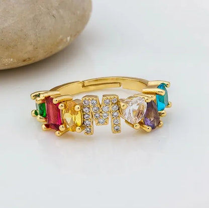 Adjustable A-Z Initial Ring Bohemian Copper Zircon  Rainbow Letter Rings for Women Girls Party Wedding Jewelry
