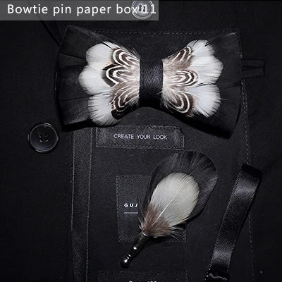 JEMYGINS Bowtie Natural Brid Feather Exquisite Hand Made Men Bow Tie Brooch Pin