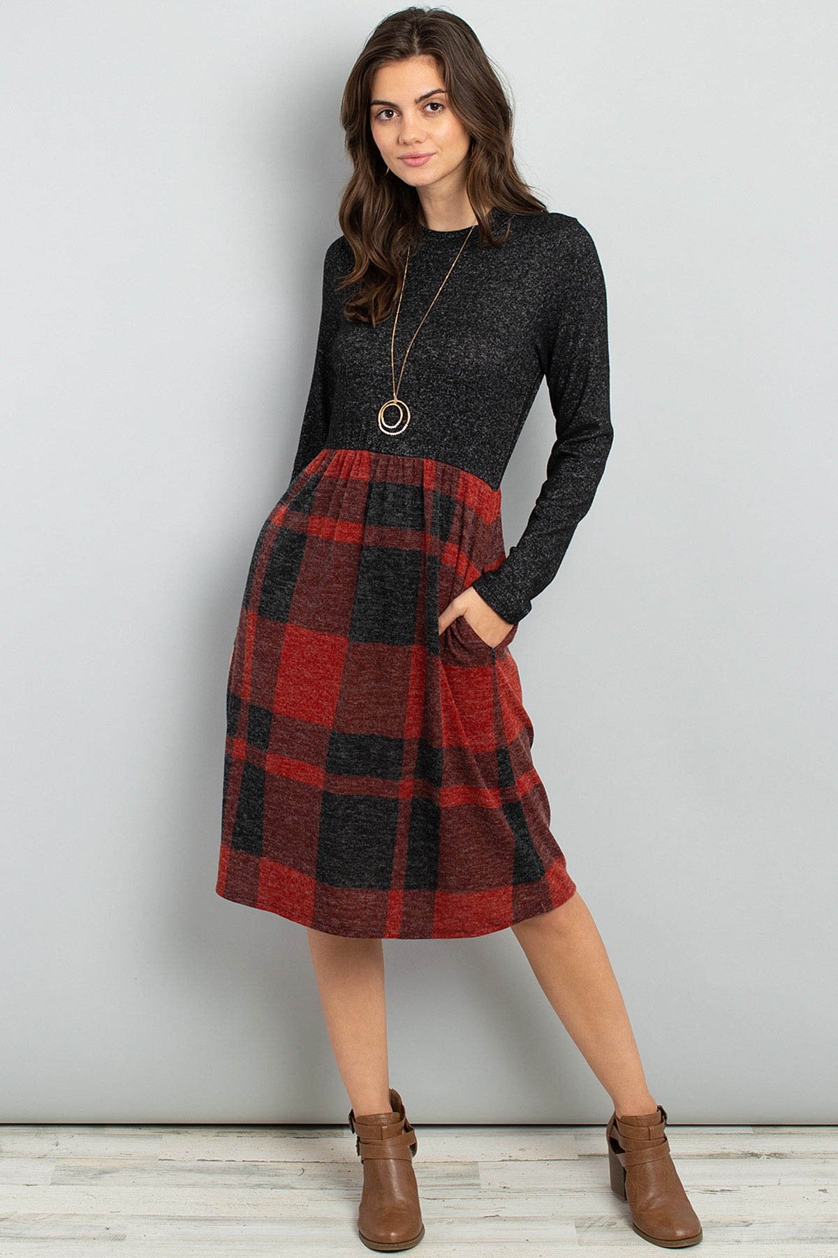 Two Toned High Neck Long Sleeves Plaid Contrast Dress