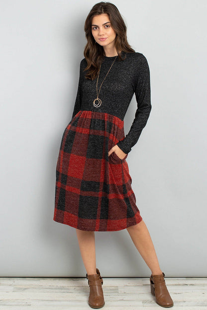 Two Toned High Neck Long Sleeves Plaid Contrast Dress