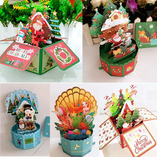 Santa Claus 3D Pops-Up Bouquet Girlfriend Swan Mermaid Merry Christmas Cards Xma